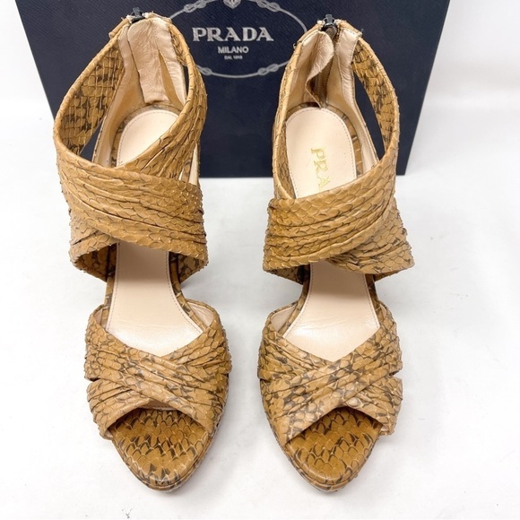 Prada Genuine Leather Tan Opaca Cammello Snake Skin Sandal High Heel Size 36.5 - Picture 3 of 9